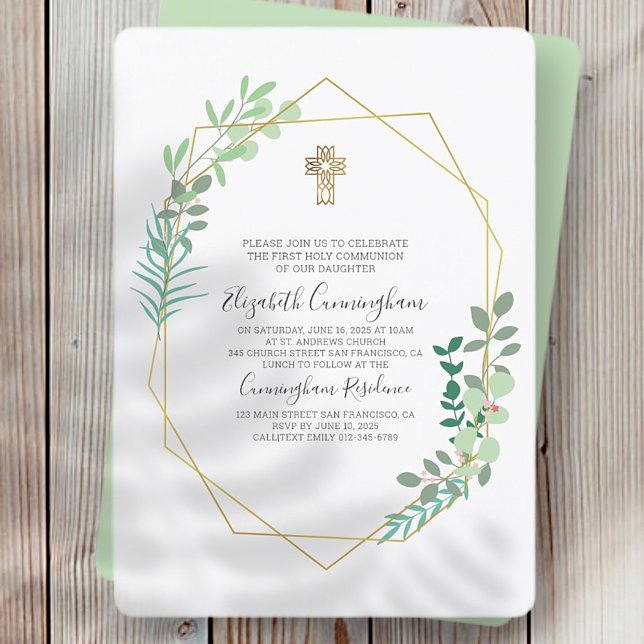 Invitation Croix d'or de feuillage géométrique communion (Créateur téléchargé)
