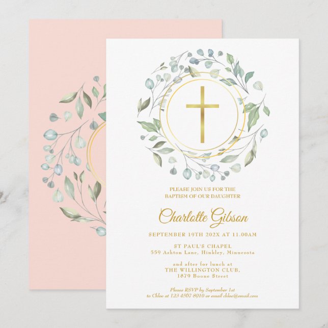 Invitation Croix d'or de la Garland rose pâle Baptême Christe (Devant / Derrière)