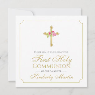 Invitation Croix d'or de la première communion des roses rose