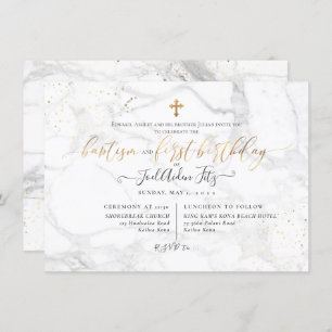 Invitation Croix d'or de Marble Faux Baptême 1er anniversaire