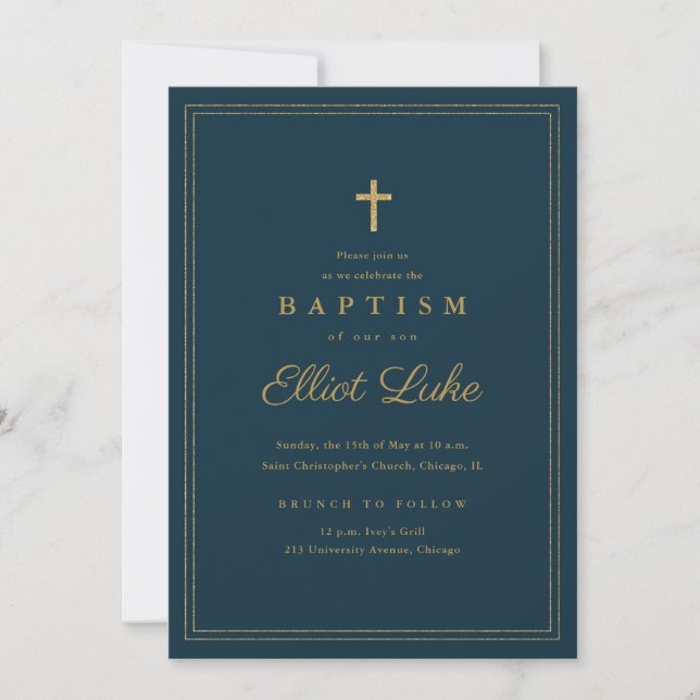 Invitation Croix d'or élégante Baptême et baptême religieux (Devant)