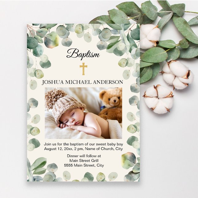 Invitation Croix d'or Eucalyptus Baptême religieux Photo (Elegant green eucalyptus leaves religious baby christening/baptism invitation. Add your photo)