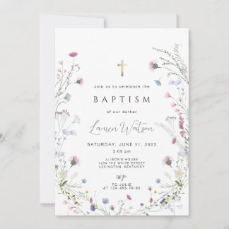 Invitation Croix d'or fleur sauvage Baptême