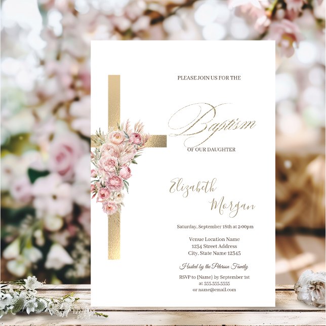Invitation Croix d'or Fleurs roses Baptême Parties scintillan (Créateur téléchargé)