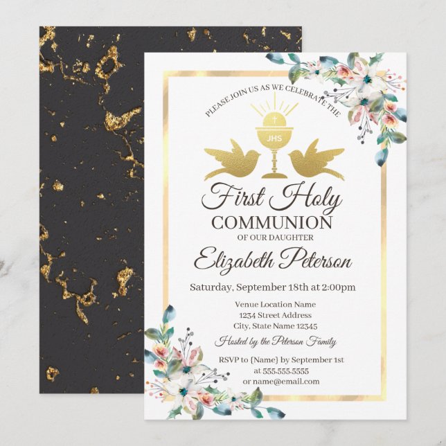 Invitation Croix d'or Frame Floral Première Sainte Communion (Devant / Derrière)