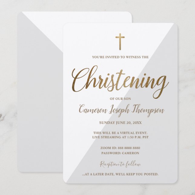 Invitation Croix d'or gris blanc simple Christine virtuelle (Devant / Derrière)