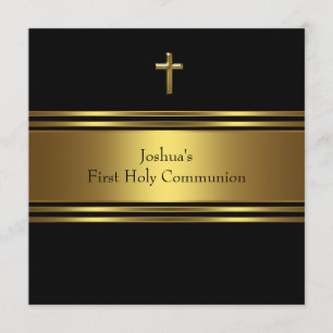 Invitation Croix d'or noir garçons Première communion