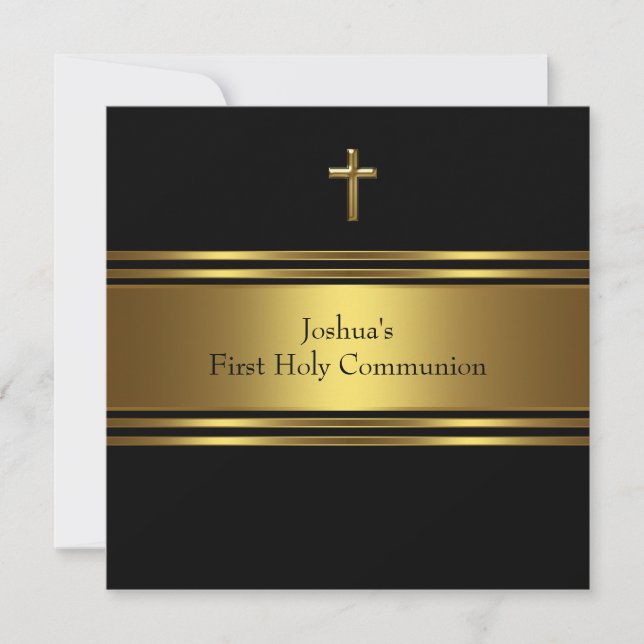 Invitation Croix d'or noire Garçons Première Communion (Devant)