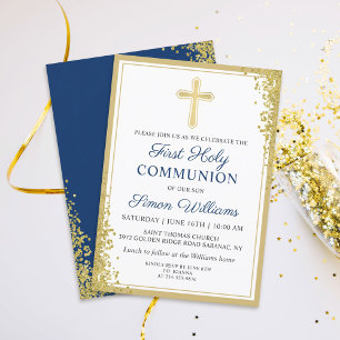 Invitation Croix d'or Parties scintillant Marine Bleu Premièr
