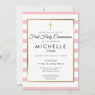 Invitation Croix d'or Pink Stripe première sainte Communion