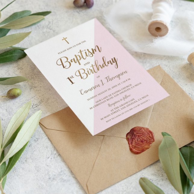 Invitation Croix d'or rose Baptême 1er anniversaire (Baptism and First birthday combined celebration party invitation pink gold white)
