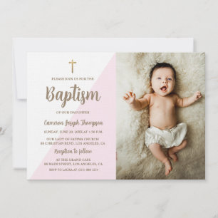 Invitation Croix d'or rose Baptême bébé fille photo