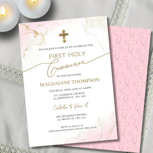 Invitation Croix d'or rose Fille première sainte communion (Créateur téléchargé)
