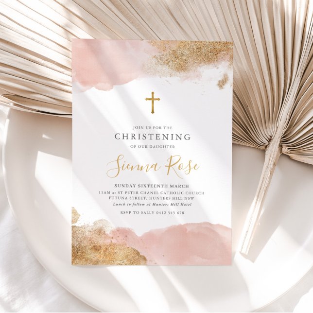 Invitation Croix d'or rose Filles Baptême Christening (Créateur téléchargé)
