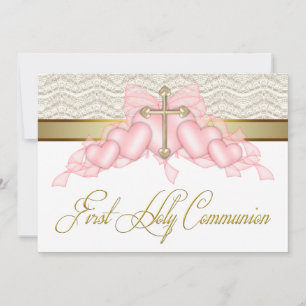 Invitation Croix d'or rose Filles Première communion rose