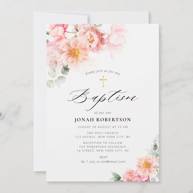 Invitation croix d'or rose floral (Devant)