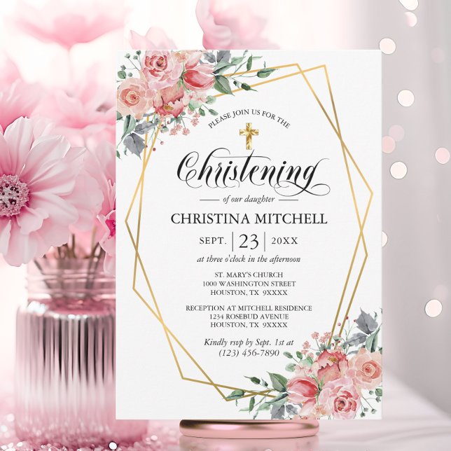 Invitation Croix d'or rose Floral Christening Baptême Girl (Pink Floral Gold Cross Christening Baptism Girl Invitation)