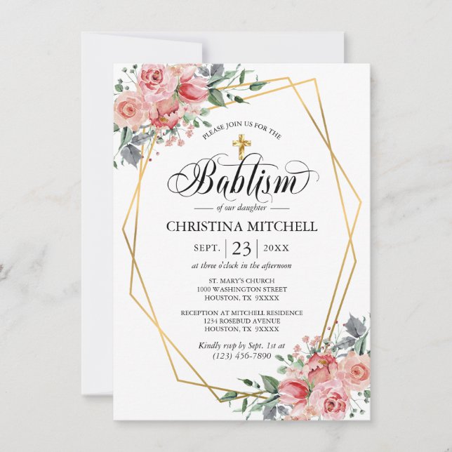 Invitation Croix d'or rose Floral Christening Baptême Girl (Devant)