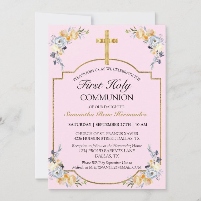 Invitation Croix d'or rose joli 1ère sainte communion (Devant)