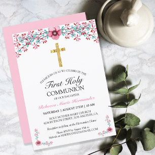 Invitation Croix d'or rose jolie première communion sainte