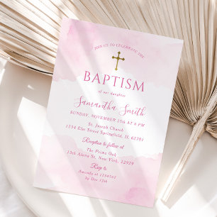 Invitation Croix d'or rose rousse fille Christening Baptême