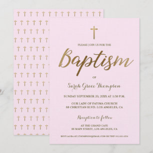 Invitation Croix d'or rose rousse personnalisée Baby Girl Bap