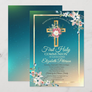 Invitation Croix d'Or Roses Florales Première Sainte Communio