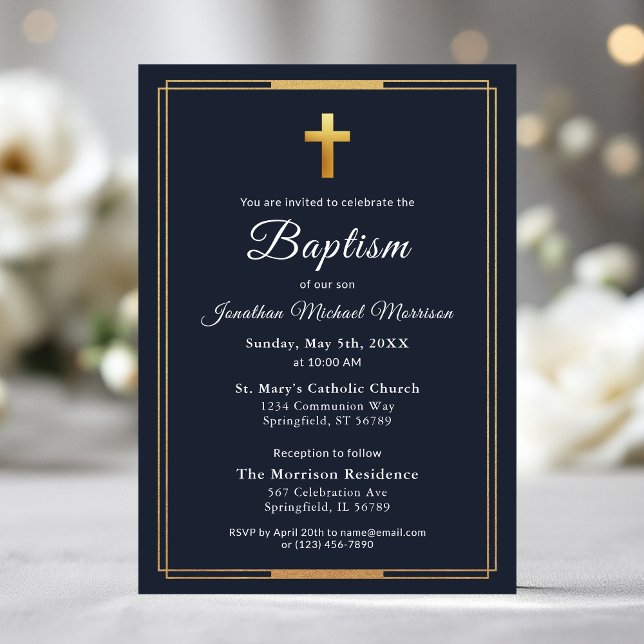 Invitation Croix d'or Script moderne Marine Bleu Élégant Bapt (Créateur téléchargé)