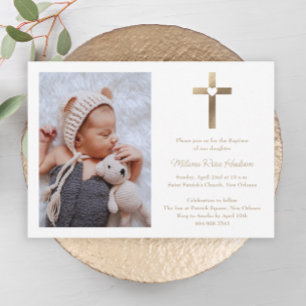 Invitation Croix d'or simple avec Baptême de Coeur