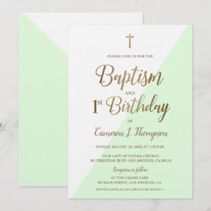 Invitation Croix d'or verte Baptême 1er anniversaire