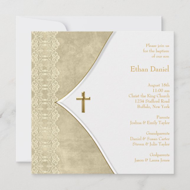Invitation Croix d'or vintage de l'ivoire Christening bébé (Devant)