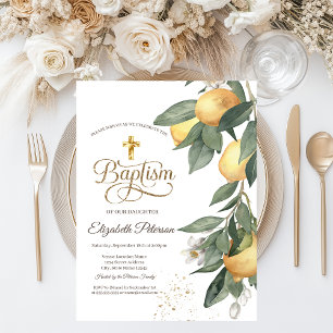 Invitation Croix dorée Aquarelle Citrons Carreaux botaniques 