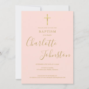 Invitation Croix dorée baptême baptême code QR rose blush