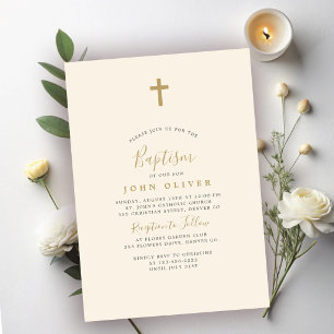 Invitation Croix dorée baptême garçon simple minimaliste