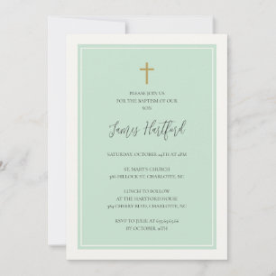Invitation Croix dorée baptême garçons minimaliste aqua sarce