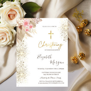 Invitation Croix dorée chic baptême paillettes dorées fleurs 