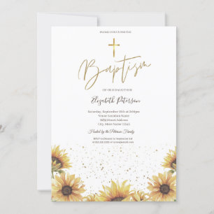 Invitation Croix dorée Chic Élégant Tournesols Baptême 