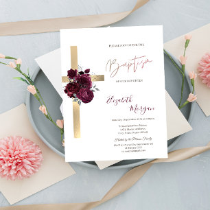 Invitation Croix dorée chic Roses rouges Baptême Paillettes C
