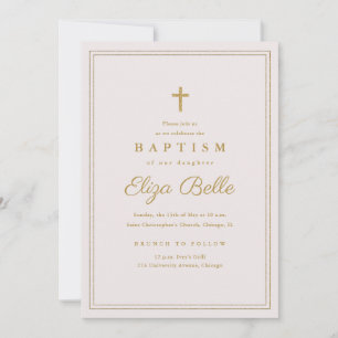 Invitation Croix dorée classique Baptême religieux et Christe
