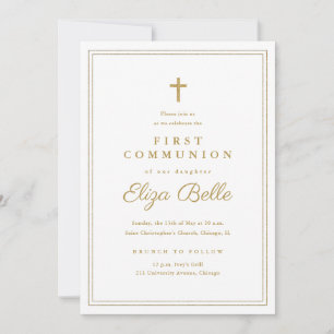 Invitation Croix dorée classique Première communion religieus
