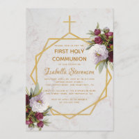 Croix dorée de première communion avec pivoines bu
