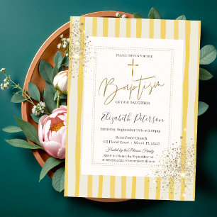 Invitation Croix dorée Diamant Rayures Jaunes Baptême