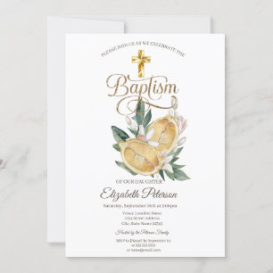Invitation Croix dorée élégante Citrons aquarelle Botanique