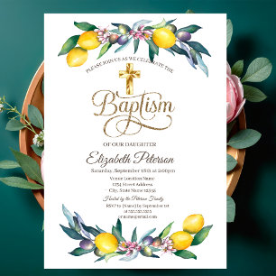 Invitation Croix dorée élégante citrons et olives aquarelle