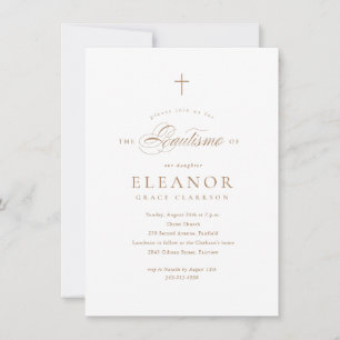 Invitation Croix dorée élégante espagnole Calligraphie Baptêm