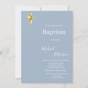 Invitation Croix dorée élégante Minimaliste Baptême Bleu pous