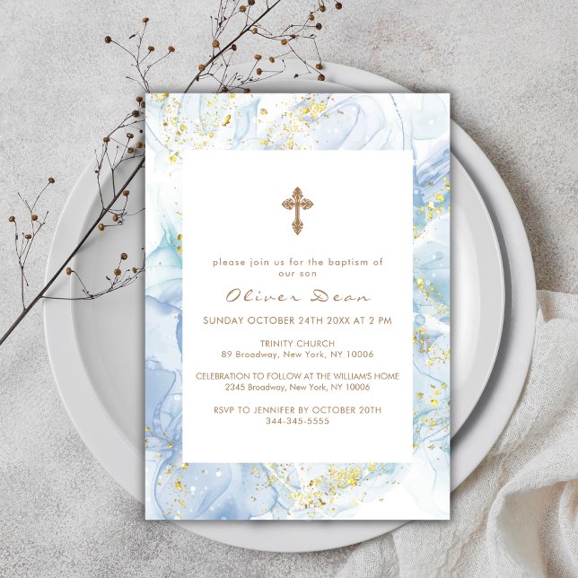 Invitation Croix dorée en agate bleue élégante pour baptême d (Elegant Blue Agate Gold Cross Boy Baptism Invitation)