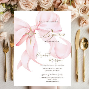 Invitation Croix dorée Fleurs roses Ruban Baptême Rose