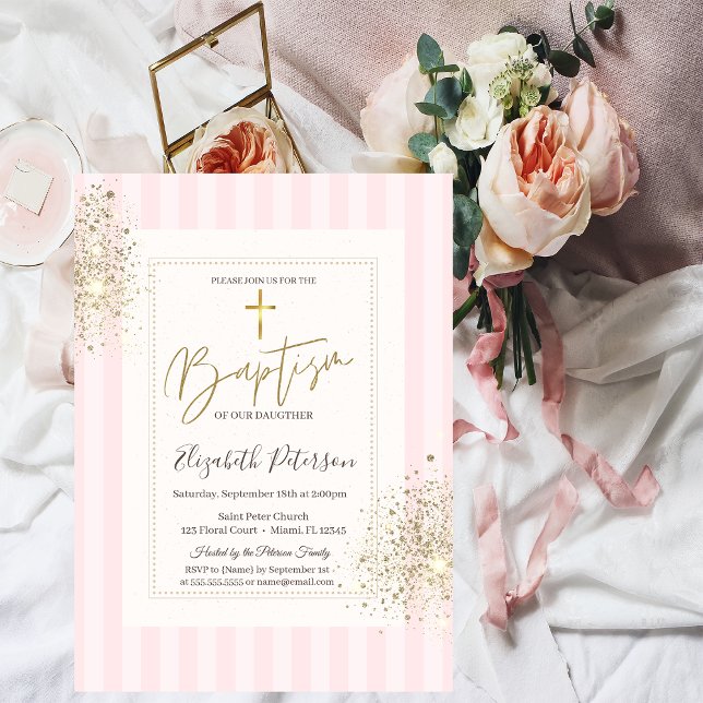 Invitation Croix dorée poussière de diamant rayures roses bap (Créateur téléchargé)