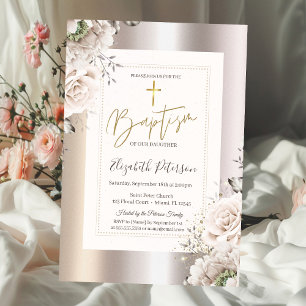 Invitation Croix dorée Roses Blush Rose Gold Baptême